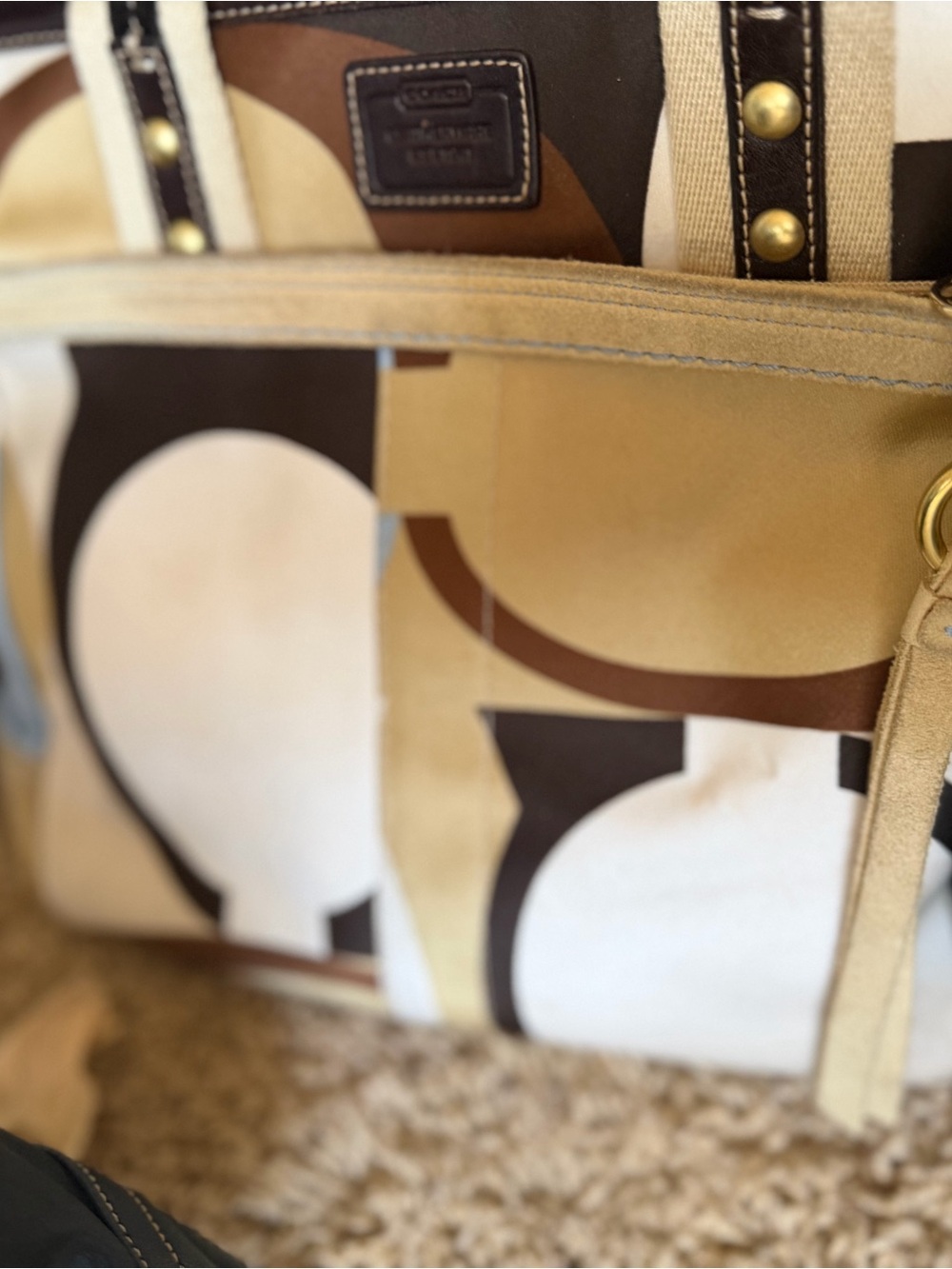 Coach Beige, Brown and White Signature Geometric Tote